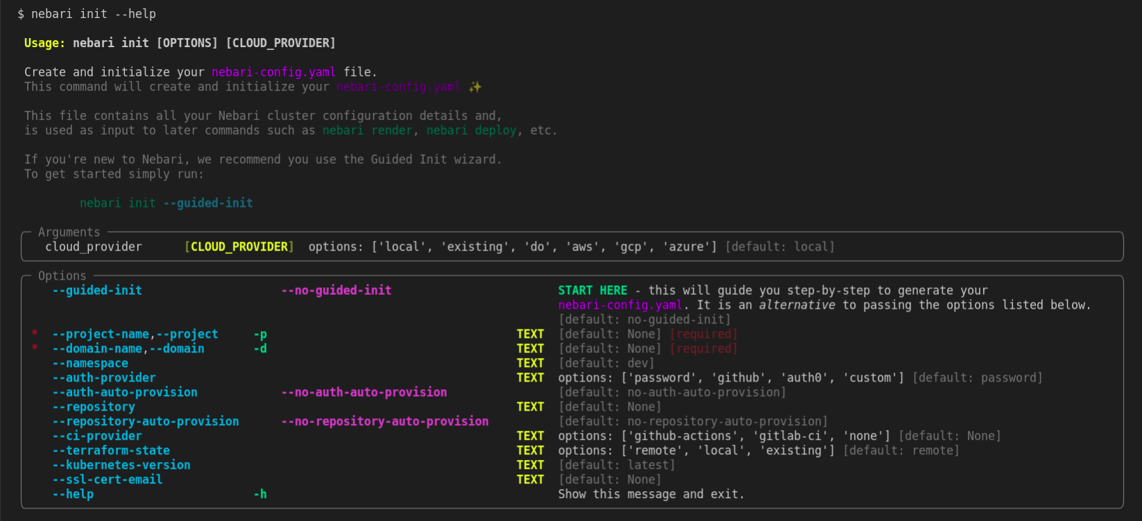 Nebari's init help command line output A representation of the output generated when Nebari init help command is executed, the output contains a list of the available options and arguments and their use.